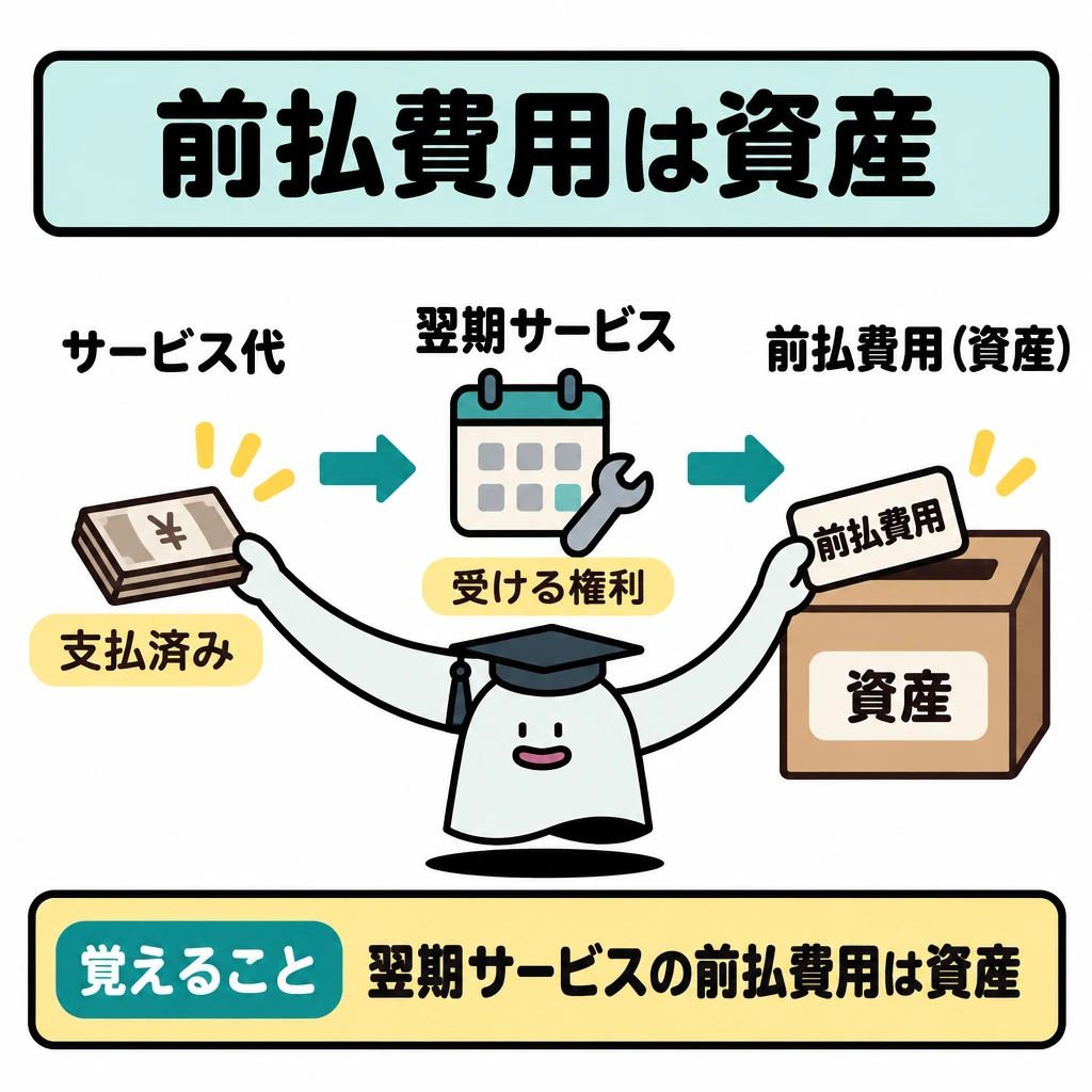 基本の仕組みの図解。左に翌期のサービス代の支払い、中央に「翌期サービスを受ける権利」、右に「前払費用(資産)」を配置し、左から右へ矢印でつなぐ。現金を支払っても、翌期に受けるサービスがあることを中心に示す。