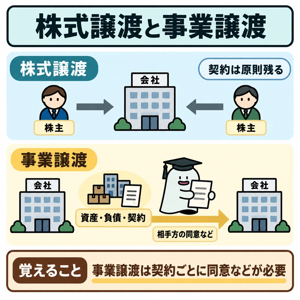 承継方法と税制の適用条件の図解。中央の会社から上下に二つの経路を分ける。上段は株主だけが替わり契約は会社に残る様子、下段は資産・負債・契約を個別に移す様子を矢印で示す。