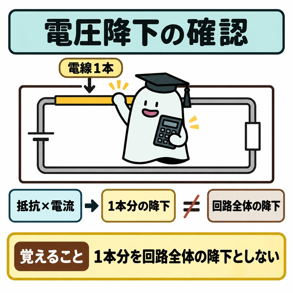 確認の図解。回路全体を示す大きな枠の中で、電線1本だけを色で強調する。その電線の「抵抗×電流」から「1本分の降下」へ矢印を引き、「回路全体の降下」へは等号で結ばない。