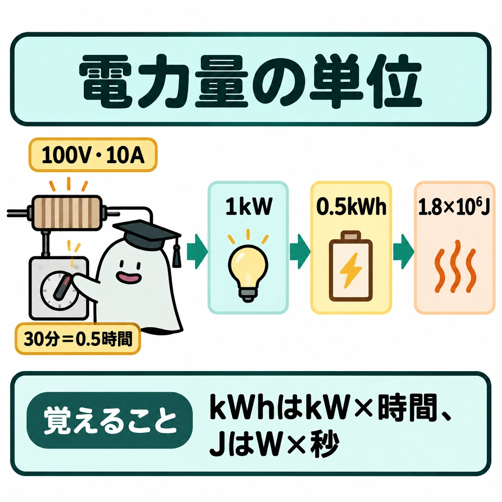 電力・電力量・熱量の単位の図解。左に100V・10Aの抵抗負荷と30分のタイマー、中央に電力1kW、右に電力量0.5kWhを置き、矢印で計算の順につなぐ。さらに右へ換算の矢印を伸ばし、1.8×10⁶Jを示す。