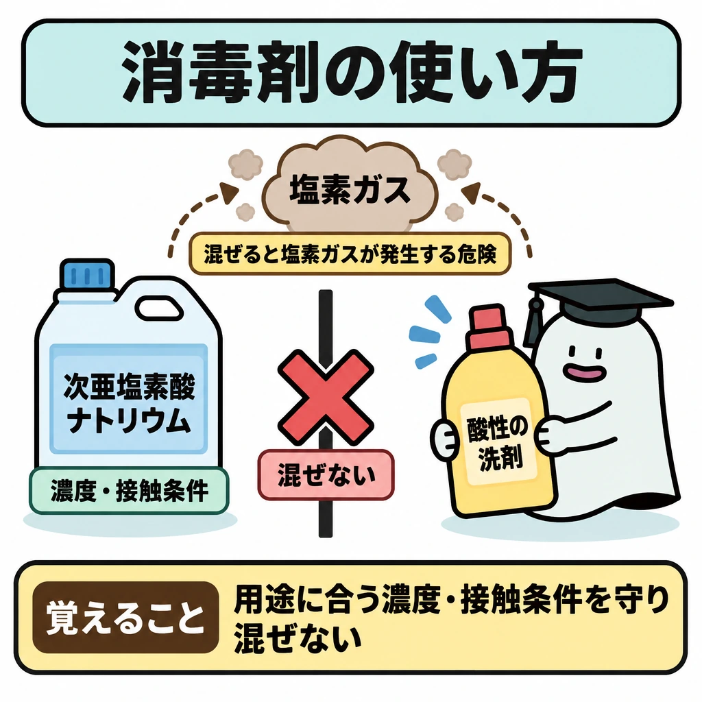 基本の仕組みの図解。左に次亜塩素酸ナトリウムを含む消毒剤、右に酸性の洗剤を置き、間を太い仕切りと×印で分ける。上部には「混ぜると塩素ガスが発生する危険」を点線矢印で示し、消毒剤の横に用途に合う濃度・接触条件を添える。