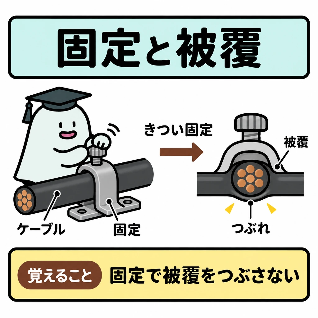 確認の図解。中央にケーブルと固定具を大きく描き、締め付け部分の被覆がつぶれる様子を示す。「きつい固定」から「被覆のつぶれ」へ短い矢印を引く。