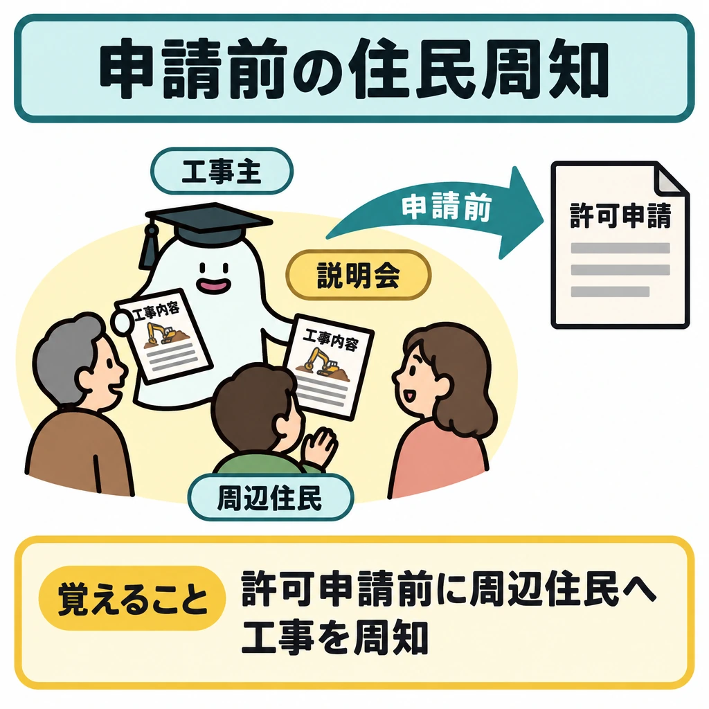 許可・届出・検査の図解。説明会を開くエルくんと周辺住民を中央に描き、右上の「許可申請」と書いた書類へ「申請前」の矢印を伸ばす。別場面に分けず、住民への周知が許可申請より先であることを示す。