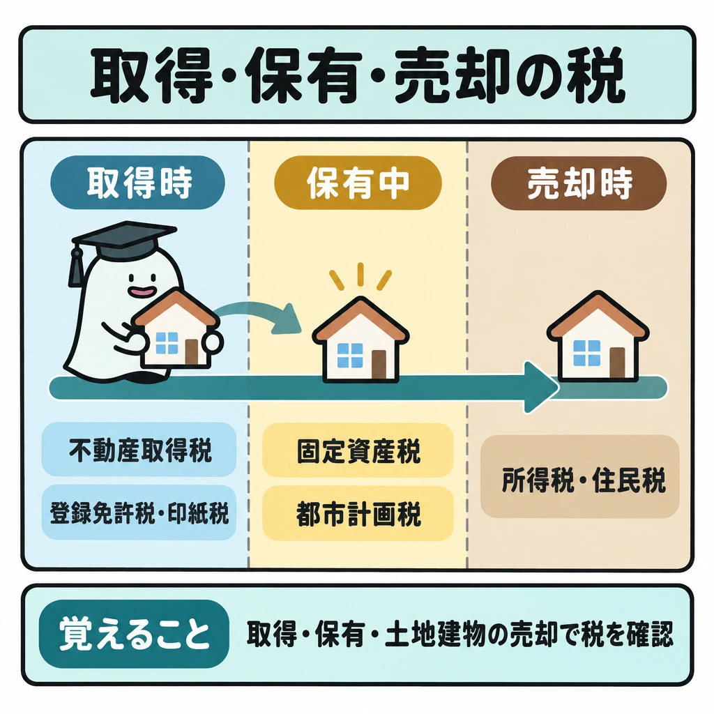 取得・保有・売却の税目を並べるの図解。正方形の中央に、左から「取得時→保有中→売却時」と進む一本の矢印を置き、3区画を縦線で仕切る。取得時に不動産取得税・登録免許税・契約書の印紙税、保有中に固定資産税・都市計画税、売却時に土地建物の譲渡所得に対する所得税・住民税を配置する。