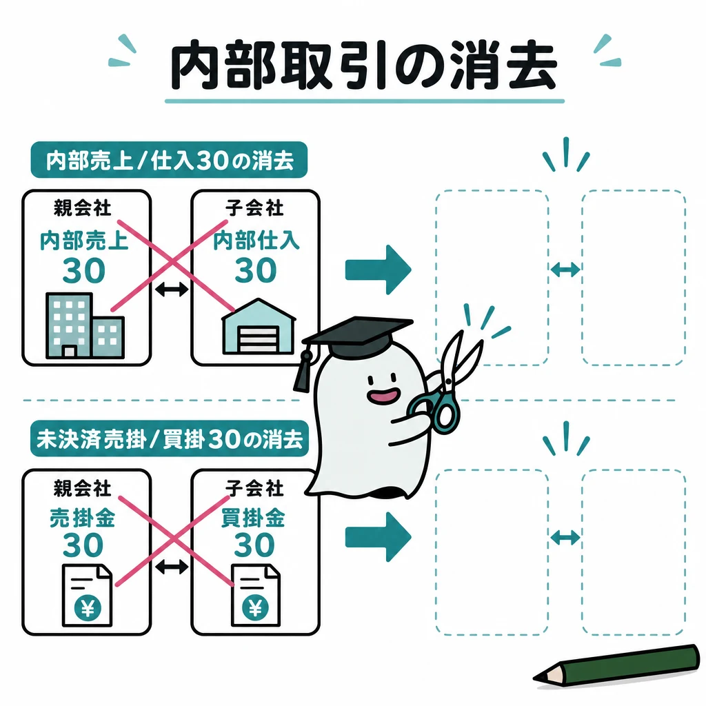 エルくんが説明する図解。内部売上/仕入30の消去と、未決済売掛/買掛30の消去を二段表示。