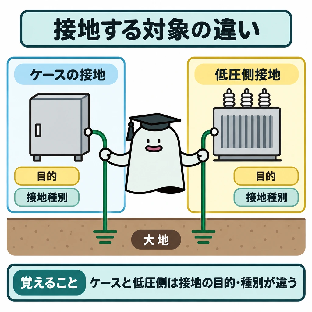 基本の仕組みの図解。画面を縦に仕切り、左のケースと右の変圧器の低圧側をそれぞれ囲む。両側から別々の接地線を下の「大地」へ伸ばし、接地する対象によって目的と接地種別が異なることを示す。