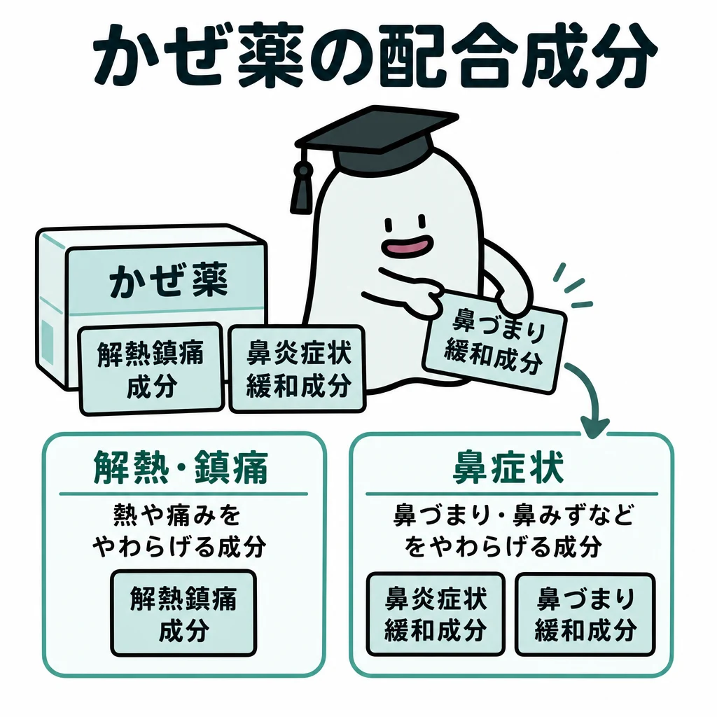 エルくんが説明する図解。かぜ薬には、解熱・鎮痛や鼻症状など異なる目的の成分が配合されることを整理した図。