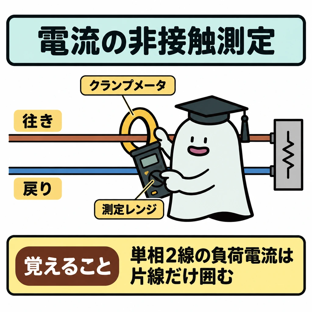 相順・電流の非接触測定の図解。中央に単相2線の往き・戻りを並べ、クランプメータの輪は往きの1本だけを囲み、戻りは輪の外に置く。下部を仕切って「覚えること」を配置する。