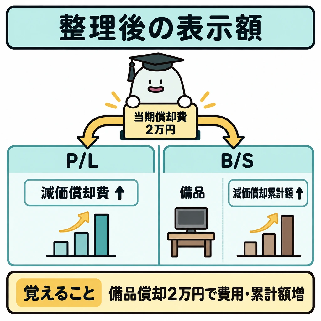 整理前試算表から表示額までの図解。図を縦線で左右に分け、左をP/L、右をB/Sとする。上中央の「当期償却費2万円」から左右へ矢印を伸ばし、左は減価償却費の増加、右は備品から控除する減価償却累計額の増加を示す。