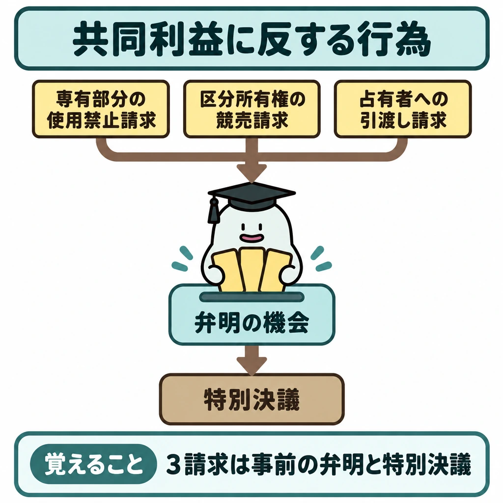 共同利益に反する行為の図解。上部に３つの請求札を横並びに置き、矢印を一本に合流させて、下方の「弁明の機会」→「特別決議」へつなぐ。手続きの順序が一目で分かる縦型の図にする。