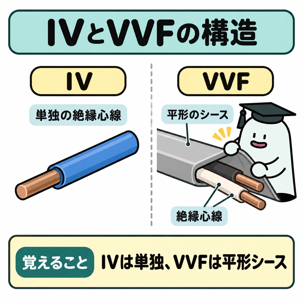 絶縁電線とケーブルの構造・用途の図解。中央の仕切りを挟み、左に単独の絶縁心線であるIV、右に平形のシースで絶縁心線を包むVVFの切断見本を並べる。両者を変化の矢印で結ばない。