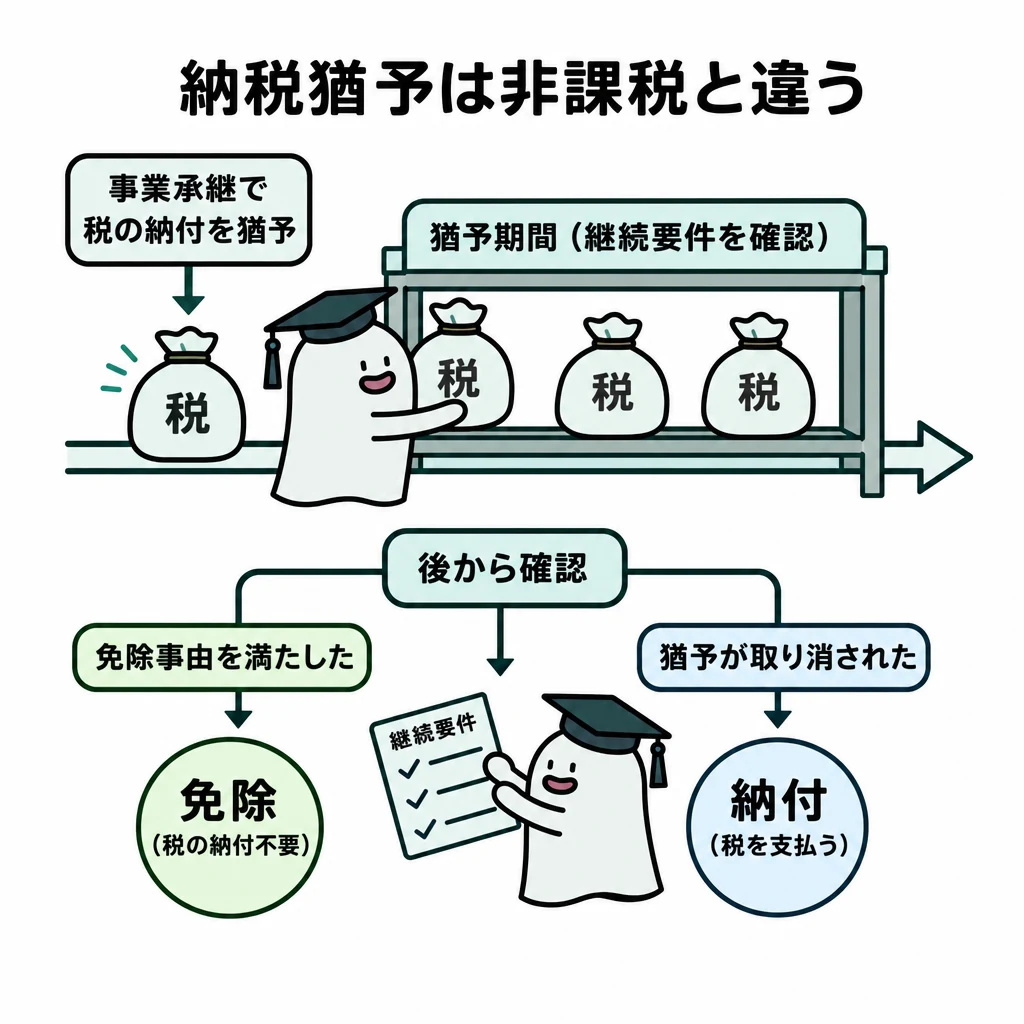 税の納付猶予から継続要件を確認し、免除事由を満たせば免除、猶予取消しでは納付へ分かれる図