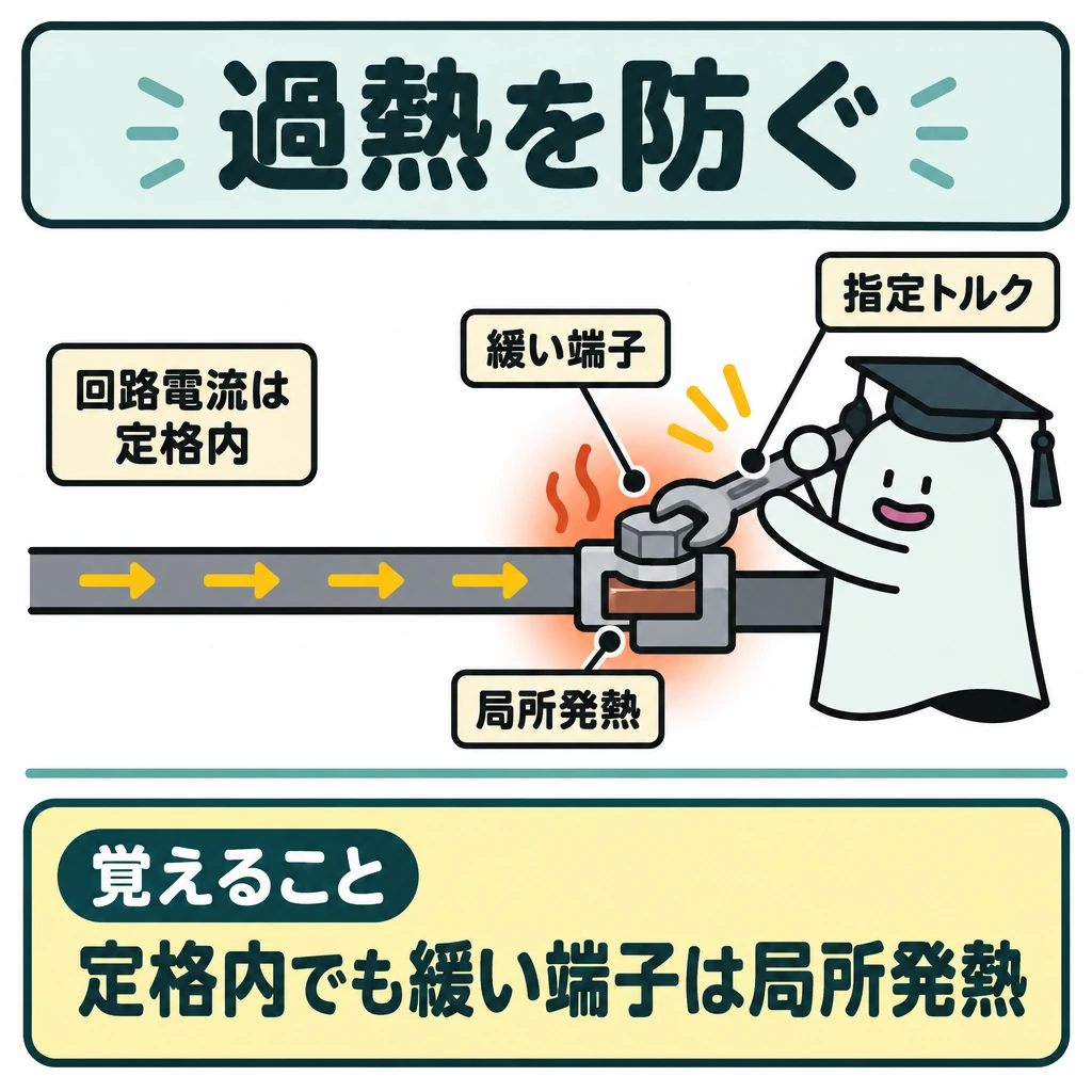 短絡・地絡・過熱を防ぐの図解。中央に一本の電路を横向きに描き、左に「回路電流は定格内」の表示、右に緩い端子とその周囲の局所発熱を大きく示す。電流の矢印は電路に沿わせ、下部の「覚えること」とは線で仕切る。