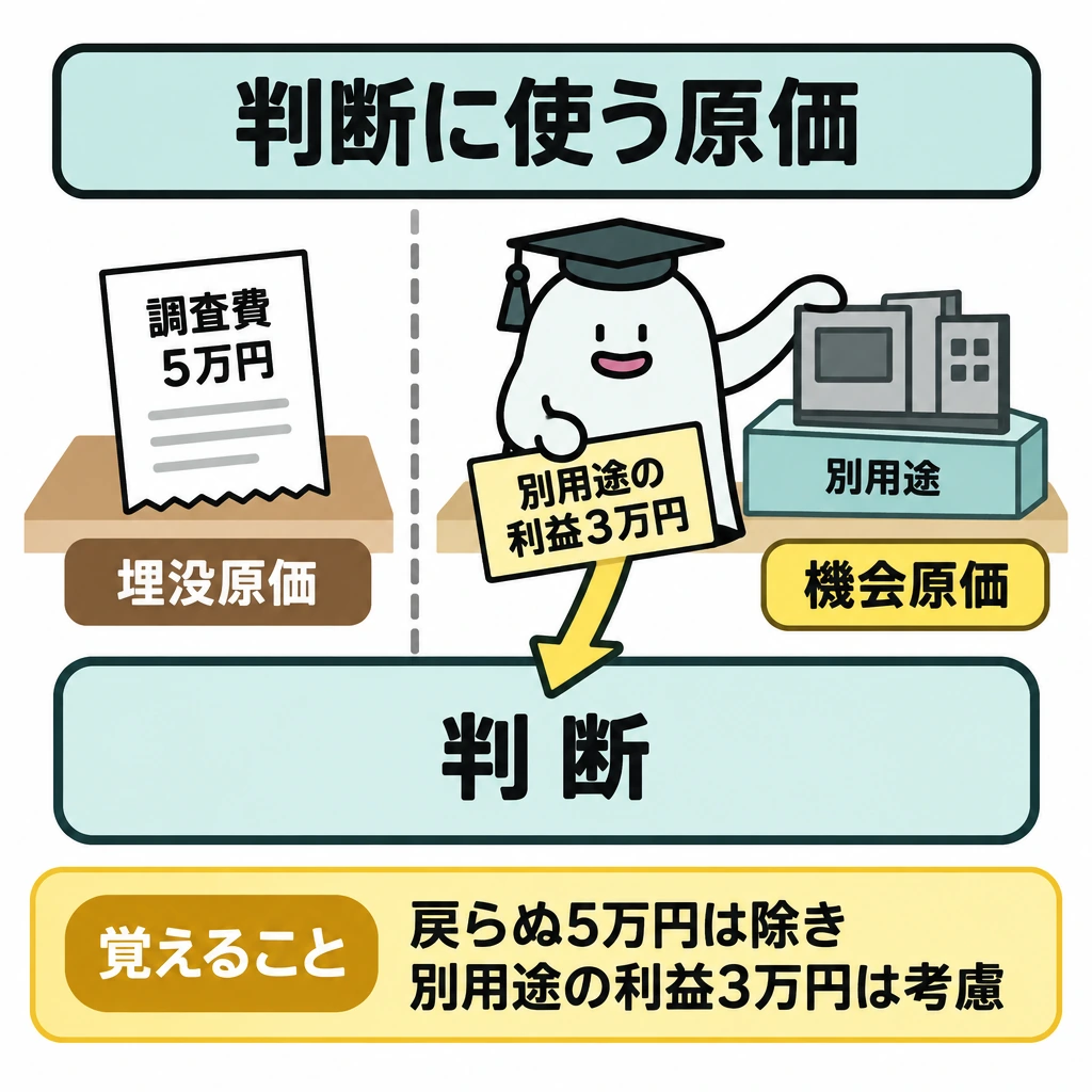 基本の仕組みの図解。左に「調査費5万円」の領収書を置き、「埋没原価」として仕切りで下部の「判断」枠から隔てる。右には設備の別用途と「別用途の利益3万円」を置き、「機会原価」の札から判断枠へ矢印を引く。