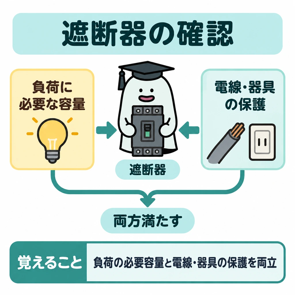 確認の図解。中央に遮断器、左に「負荷に必要な容量」、右に「電線・器具の保護」を配置し、中央から左右へ矢印を伸ばす。左右の条件は仕切りで分け、下部の「両方満たす」に線を合流させる。