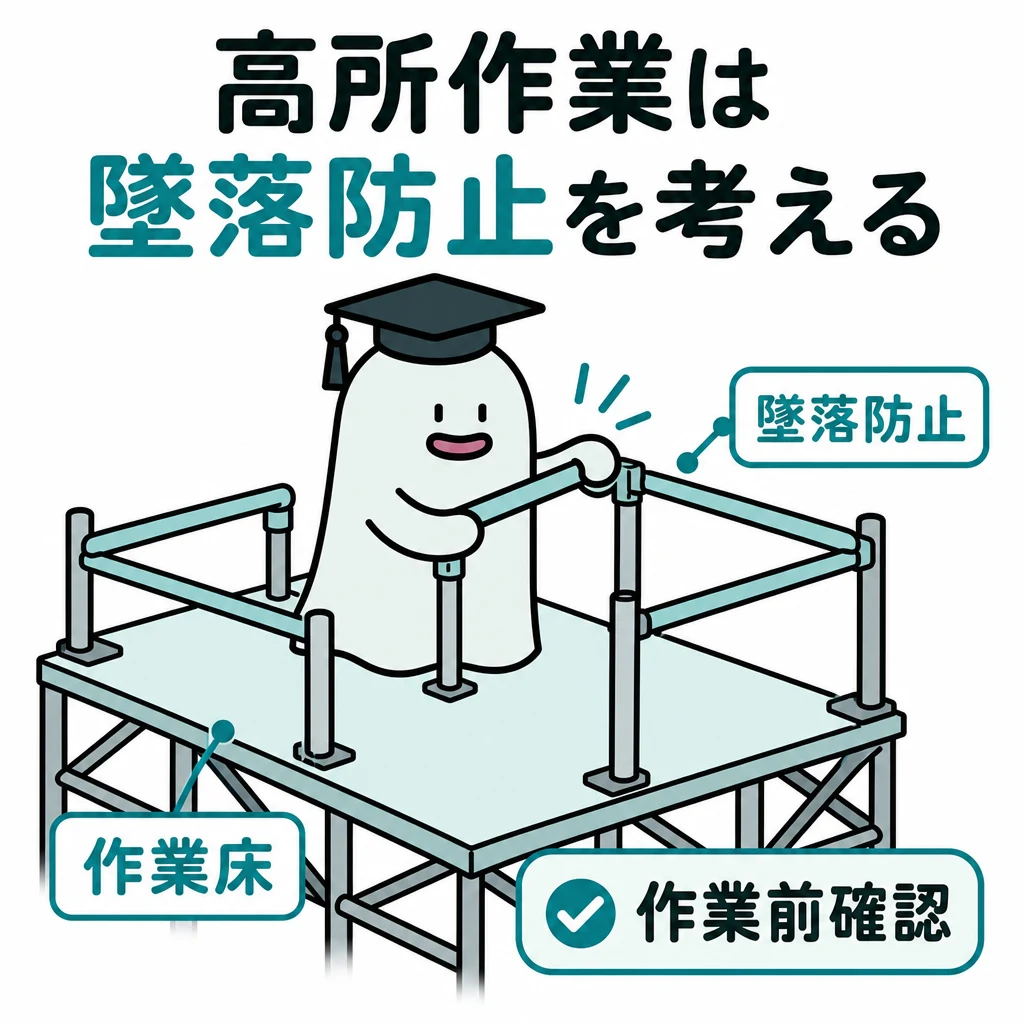 高所作業は墜落防止を考える。安定した作業床と手すりのある高所作業環境を概念図で描く。