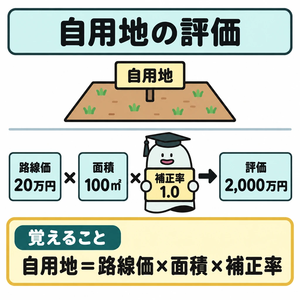 基本の仕組みの図解。上段に土地の区画、下段に「路線価20万円 × 面積100㎡ × 補正率1.0 → 評価2,000万円」を左から右へ配置し、横線で仕切る。矢印は計算結果にだけ向ける。