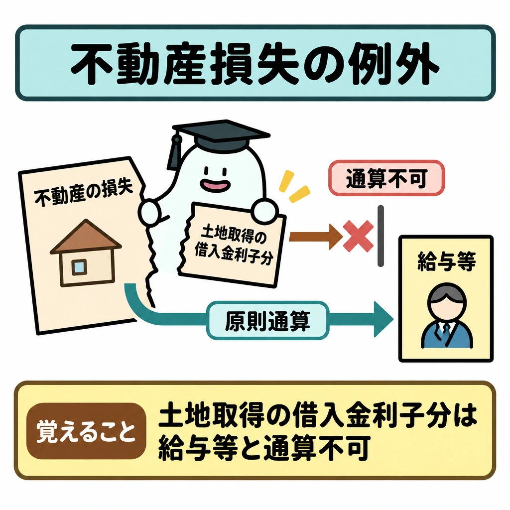 通算できる損失とできない損失の図解。左の「不動産の損失」の紙から、エルくんが「土地取得の借入金利子分」を切り離す。残る部分から右の「給与等」へは「原則通算」の矢印を引き、切り離した部分からの矢印は仕切りで止めて「通算不可」と示す。