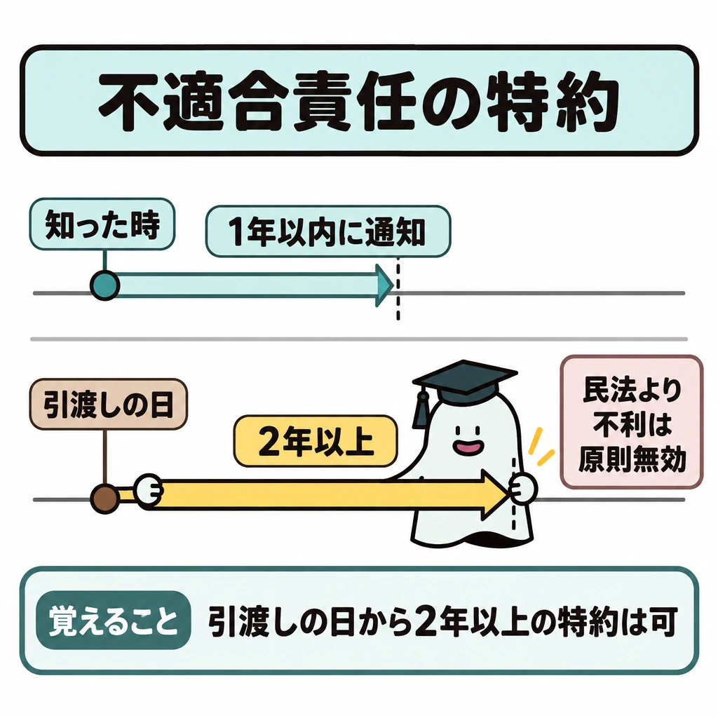 ⑤契約不適合責任の特約の図解。上下に仕切った2本の横線で、上段は「知った時」を起点に「1年以内に通知」、下段は「引渡しの日」を起点に「2年以上」と示す。起点の位置をずらし、数字だけを直接比較する矢印は置かない。