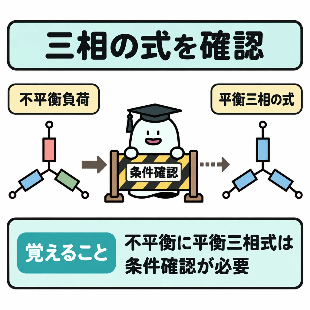 確認の図解。左に不平衡負荷、右に平衡三相の式を置く。左から右への矢印を中央の「条件確認」ゲートで止め、確認せずに式を当てはめられない関係を示す。