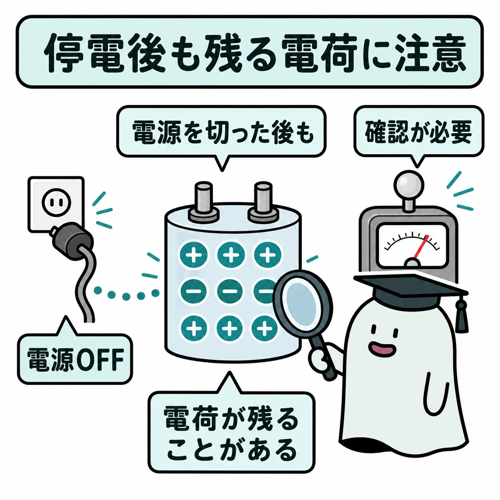停電後も残る電荷に注意。電源を切り離したコンデンサの模式図に電荷の記号がまだ残る。