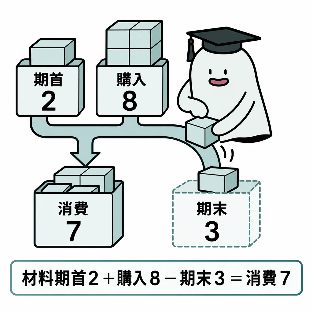エルくんが説明する図解。材料期首2+購入8−期末3=消費7の原価流れ。