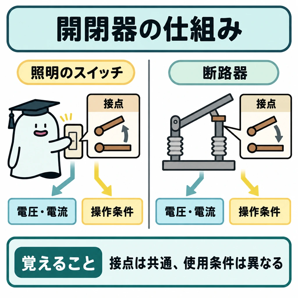 基本の仕組みの図解。中央を縦線で仕切り、左に照明のスイッチ、右に断路器を配置する。両方の接点を見えるように描き、それぞれから「電圧・電流」「操作条件」へ矢印を伸ばして、想定する条件が異なることを示す。