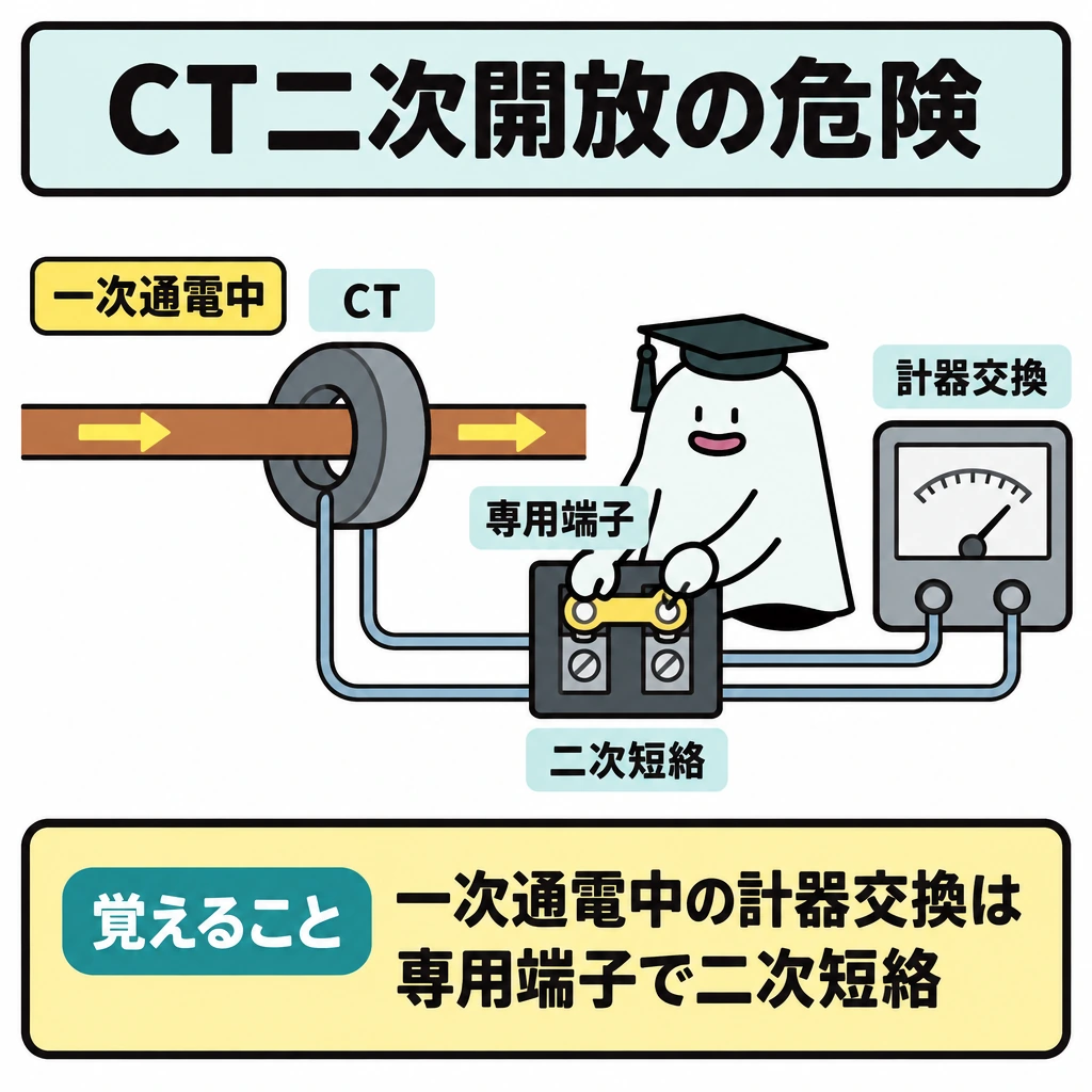 CTの変流比と二次開放の図解。左から右へ一次電流が流れる主回路をCTに通し、CTの二次配線を下の専用端子へつなぐ。専用端子では二次の2端子を短絡し、その右に交換中の計器を配置する。