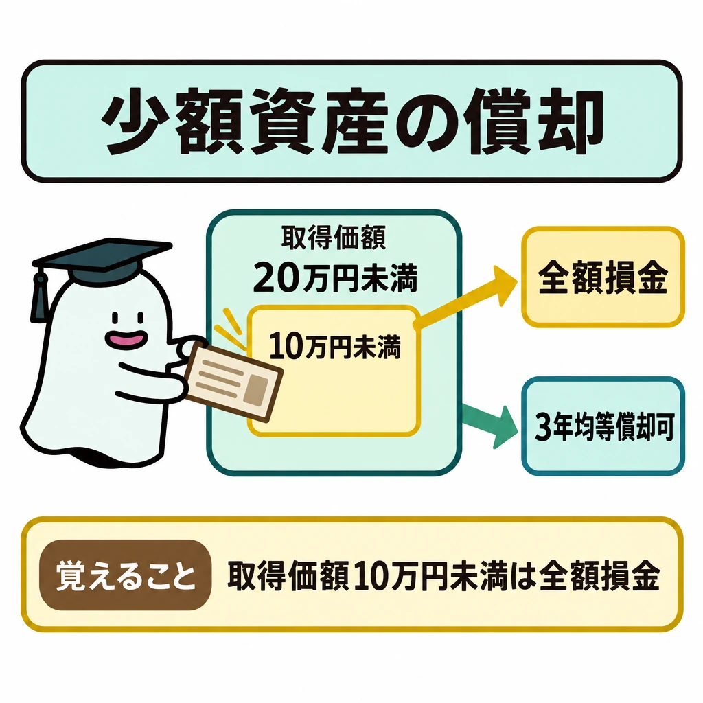 税率・交際費・欠損金・減価償却の数値の図解。中央に「取得価額20万円未満」の大枠を置き、その内側に「10万円未満」の小枠を重ねる。小枠から右上の「全額損金」へ、大枠から右下の「3年均等償却可」へ矢印を伸ばし、10万円未満も20万円未満に含まれることを示す。