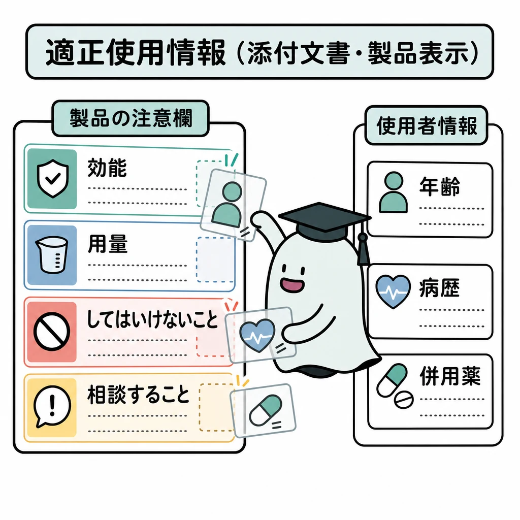 エルくんが説明する図解。効能/用量/禁止/相談の四つの欄と使用者情報を照合する図。