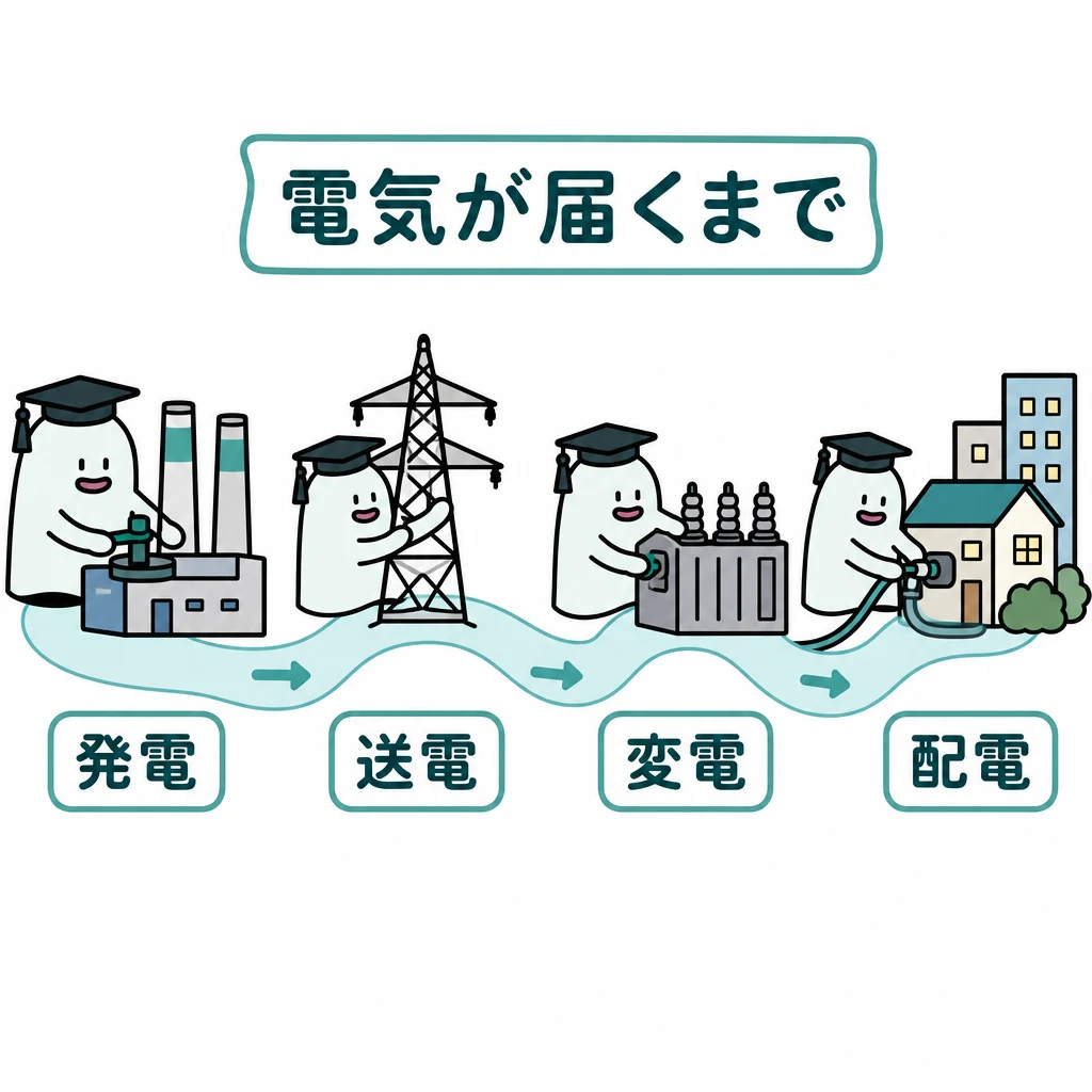 電気が届くまで。発電所→送電鉄塔→変電所→街の四つを左から順に大きく並べる。