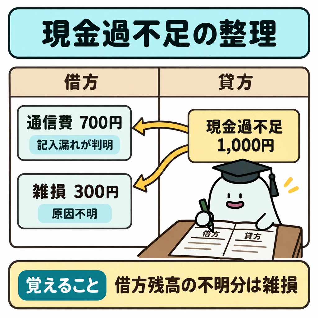 現金過不足・当座借越・貯蔵品の図解。中央に仕訳の縦線を置き、左の借方に「通信費700円」と「雑損300円」を上下に配置し、右の貸方に「現金過不足1,000円」を配置する。通信費には「記入漏れが判明」、雑損には「原因不明」を添え、右の1,000円から左の2項目へ分かれる矢印を引く。