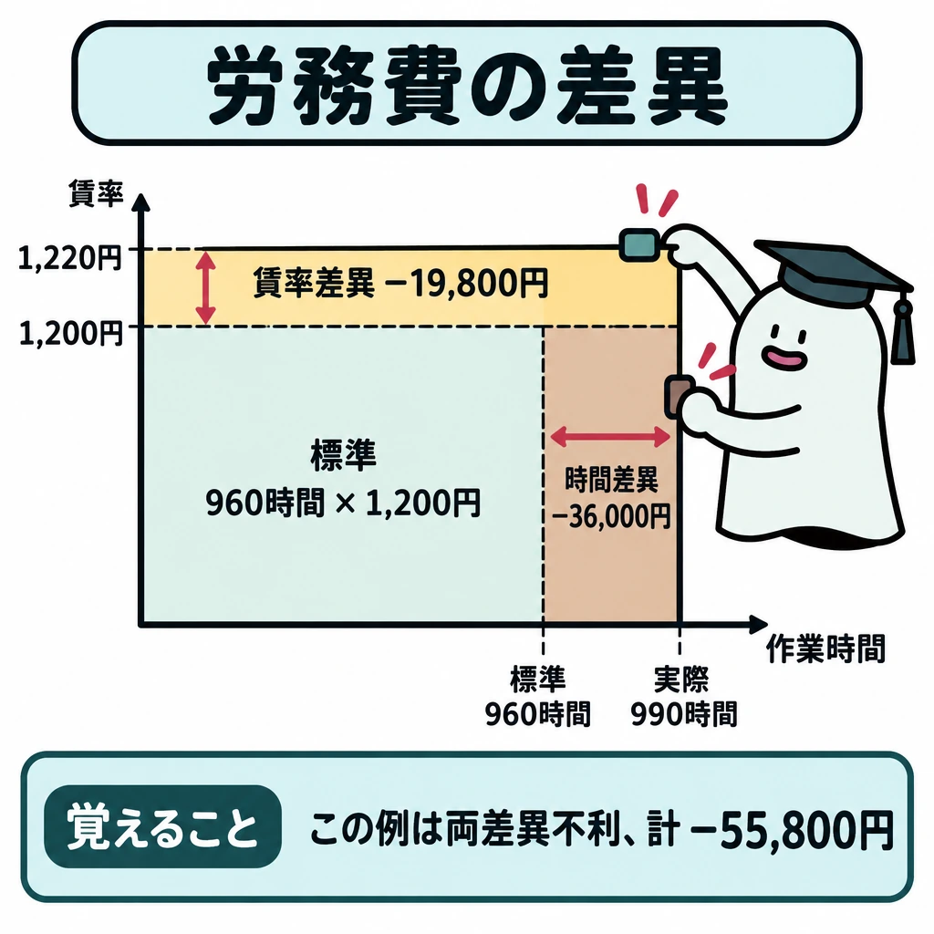 労務費の差異(賃率差異・時間差異)の図解。横を作業時間、縦を賃率とする長方形を描き、内側を標準(960時間×1,200円)、外側を実際(990時間×1,220円)にする。上の帯は実際990時間の幅で賃率差異、右の帯は標準賃率1,200円の高さで時間差異を示し、重ねて数えない。