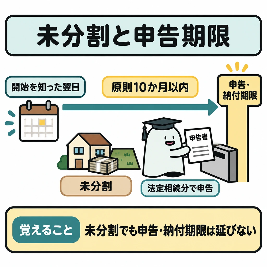 分割方法・遺言・期限の図解。左の「開始を知った翌日」から右の期限線へ、一本の矢印を引く。期限線の手前に未分割の財産と申告書を並べ、分割が決まらなくても法定相続分で申告し、原則10か月以内の申告・納付期限は延びないことを示す。