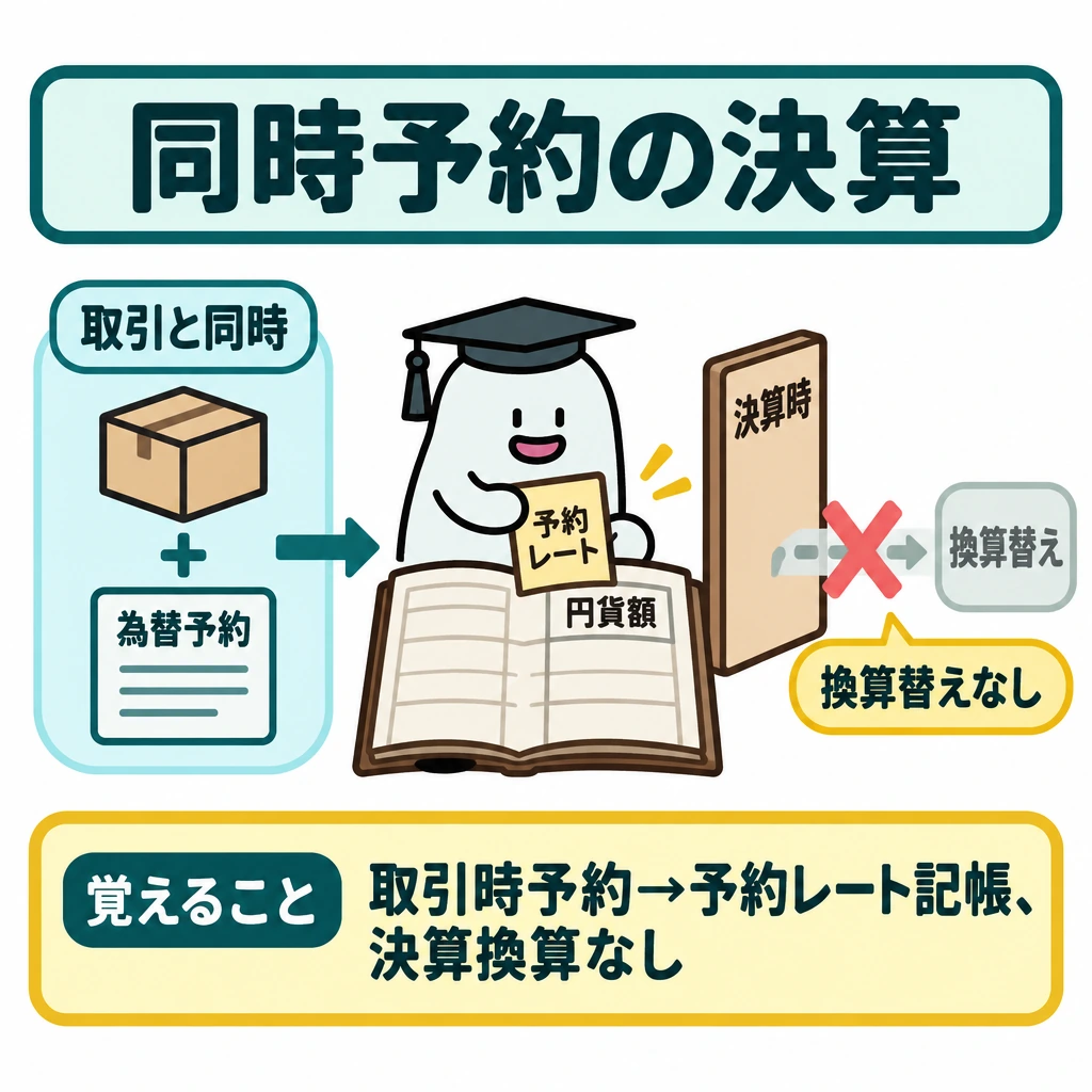 為替予約と表示の図解。左上の「取引」と「為替予約」を同じ時点に重ね、そこから中央の帳簿へ矢印を引き、予約レートでの記帳を示す。帳簿の右に決算時の仕切りを置き、「換算替え」へ進む矢印を遮る。