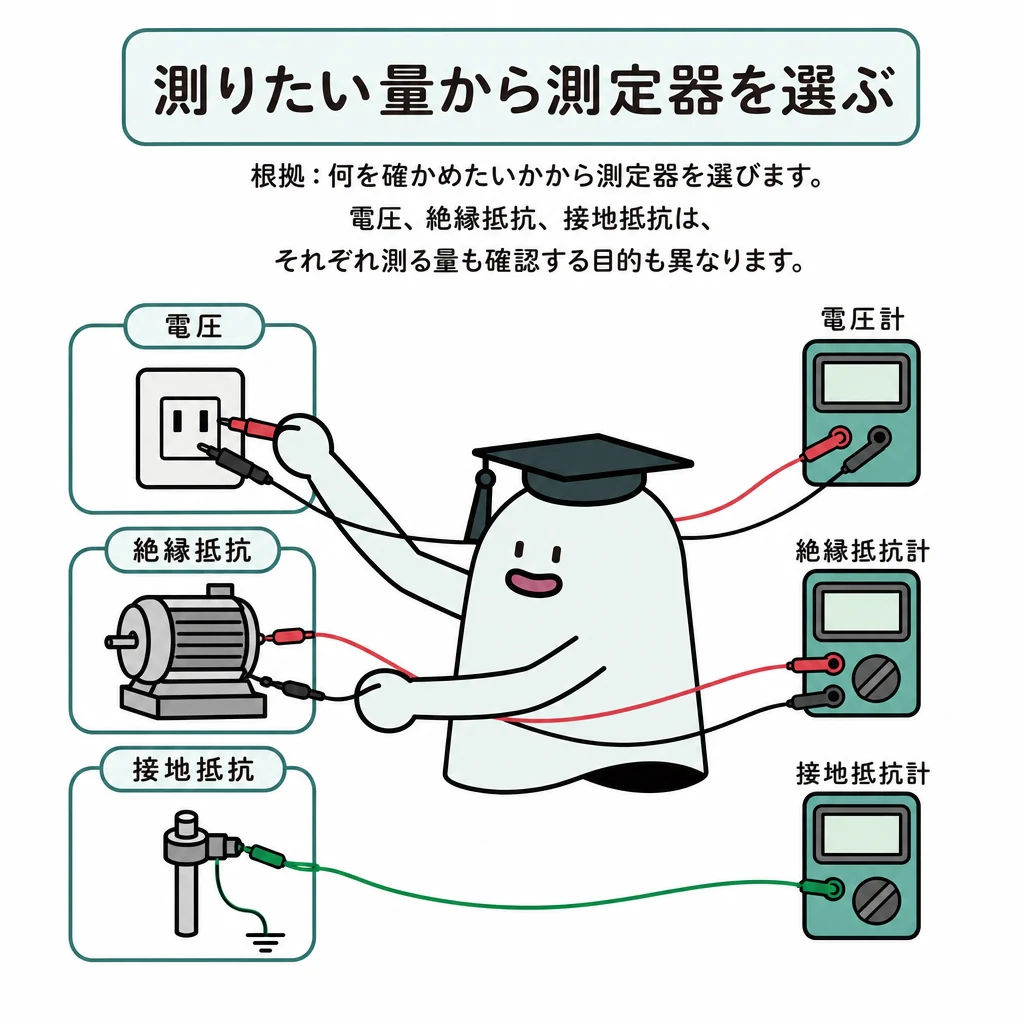 エルくんが測定対象と計器を対応させ、電圧・絶縁抵抗・接地抵抗の測定目的を比較する図。