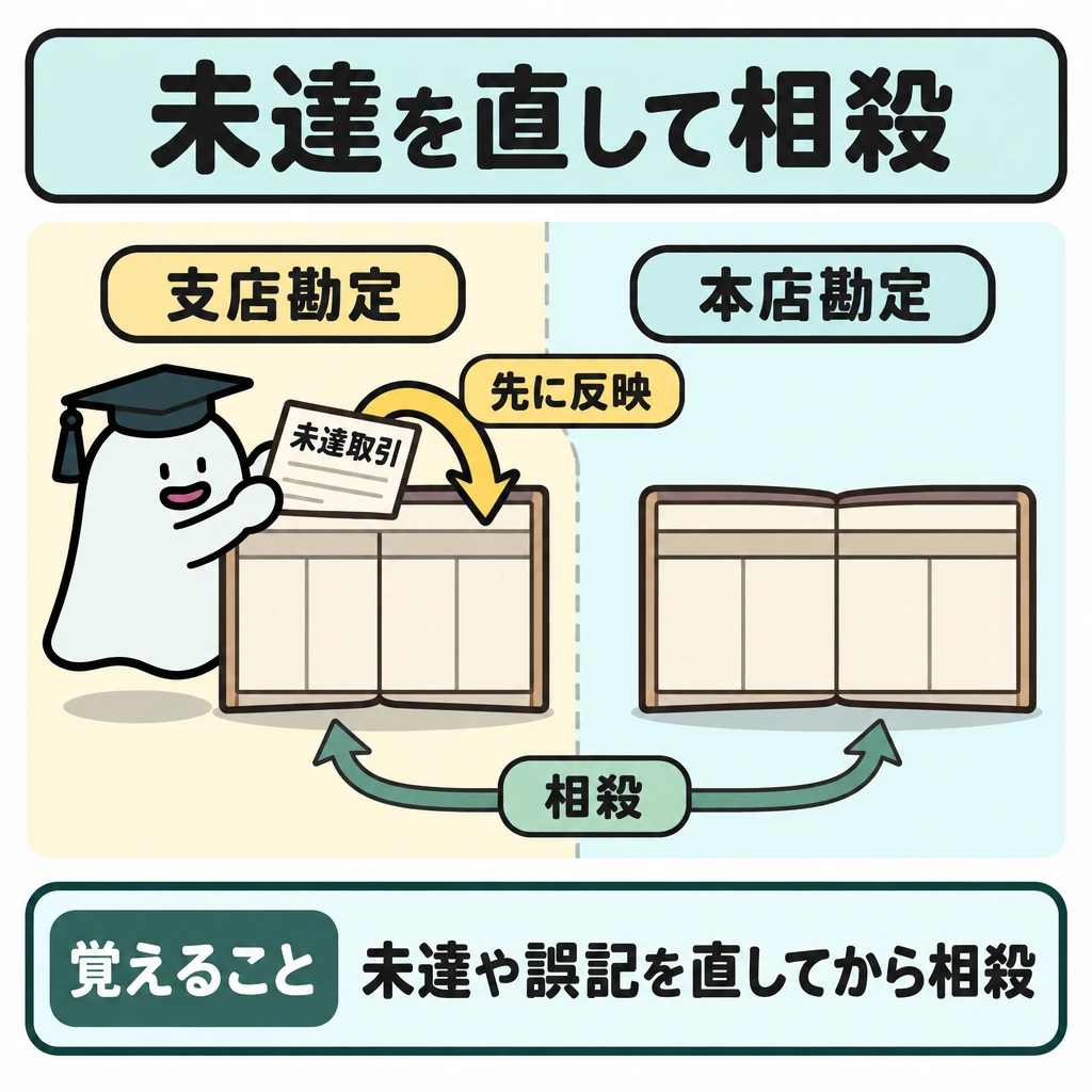 基本の仕組みの図解。画面を左右に仕切り、左に本店の「支店勘定」、右に支店の「本店勘定」を置く。中央の未達取引の伝票を片方の帳簿へ入れる矢印を先に描き、その下に、対応する残高を結んで消去する矢印を描く。