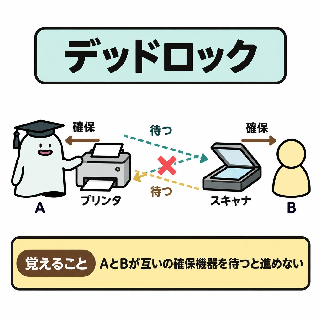 基本の仕組みの図解。左にAとプリンタ、右にBとスキャナを配置する。プリンタからA、スキャナからBへ「確保」を示す実線を結び、Aからスキャナ、Bからプリンタへ「待つ」を示す点線矢印を交差させ、交点に進めない印を置く。