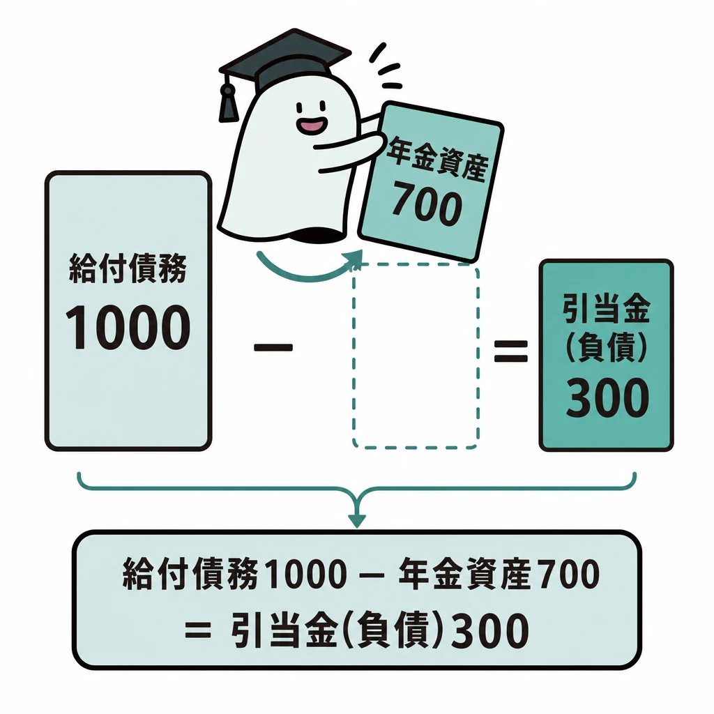 エルくんが説明する図解。給付債務1000を年金資産700で支え不足300を負債として示す。