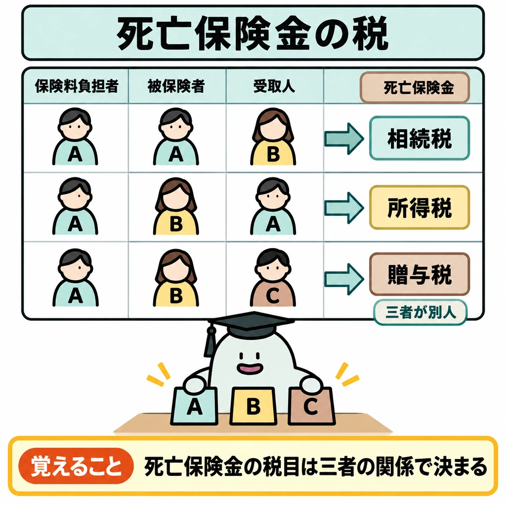 個人契約の保険金の課税の図解。死亡保険金を受け取るときの関係を、横線で区切った3段の対応表にする。各段で左から「保険料負担者・被保険者・受取人」の順に人物カードを並べ、A・A・B→相続税、A・B・A→所得税、A・B・C→贈与税へ右向きの矢印でつなぐ。
