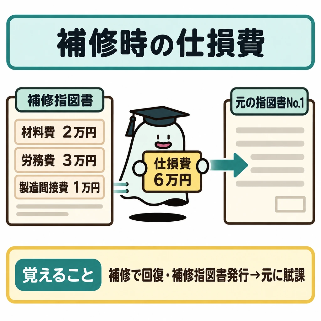 仕損費(補修指図書を発行する場合)の図解。左の補修指図書に材料費2万円・労務費3万円・製造間接費1万円を縦に並べ、合計した「仕損費6万円」を中央に置く。エルくんがその金額を右の元の指図書No.1へ移す、左から右への一本の矢印で賦課を示す。