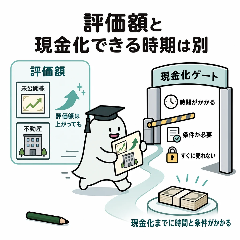 未公開株や不動産の評価額と、売却して現金にするまでの時間・条件の違いを示す図