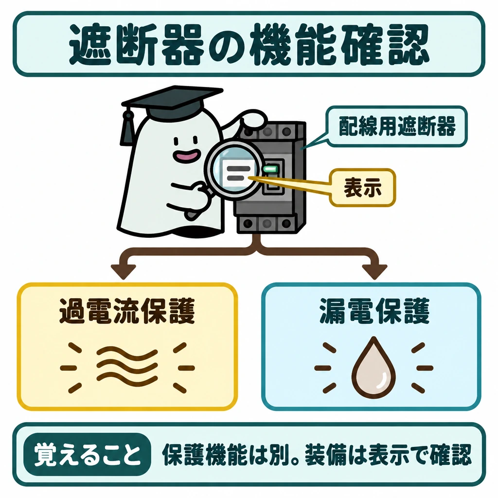 確認の図解。中央に配線用遮断器を置き、その表示から下向きの矢印を左右に分岐させる。左右を仕切り、「過電流保護」と「漏電保護」を別々の確認欄にし、装備を示すチェック印は付けない。