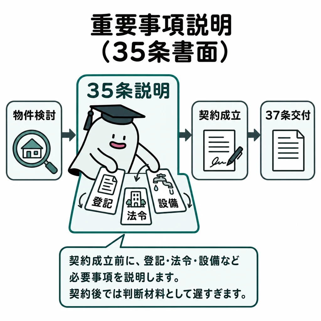エルくんが説明する図解。物件検討→35条説明→契約成立→37条交付の時間線、35条を強調。