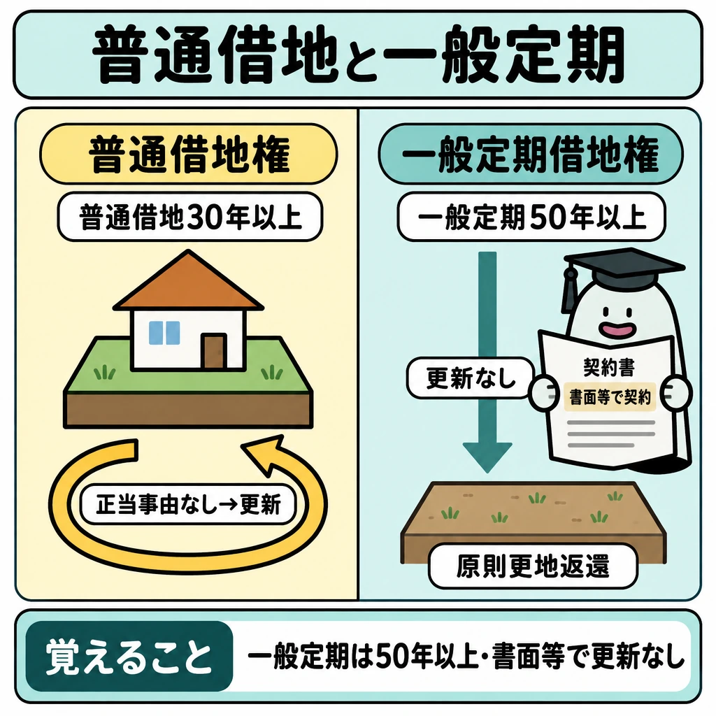 借地借家法の期間と方式を比べるの図解。正方形の画面を縦に仕切り、左に普通借地権、右に一般定期借地権を置く。左は「正当事由なし」の条件付きで更新へ戻る矢印、右は50年以上の期間から「更新なし」を経て「原則更地返還」へ進む一方向の矢印で示す。
