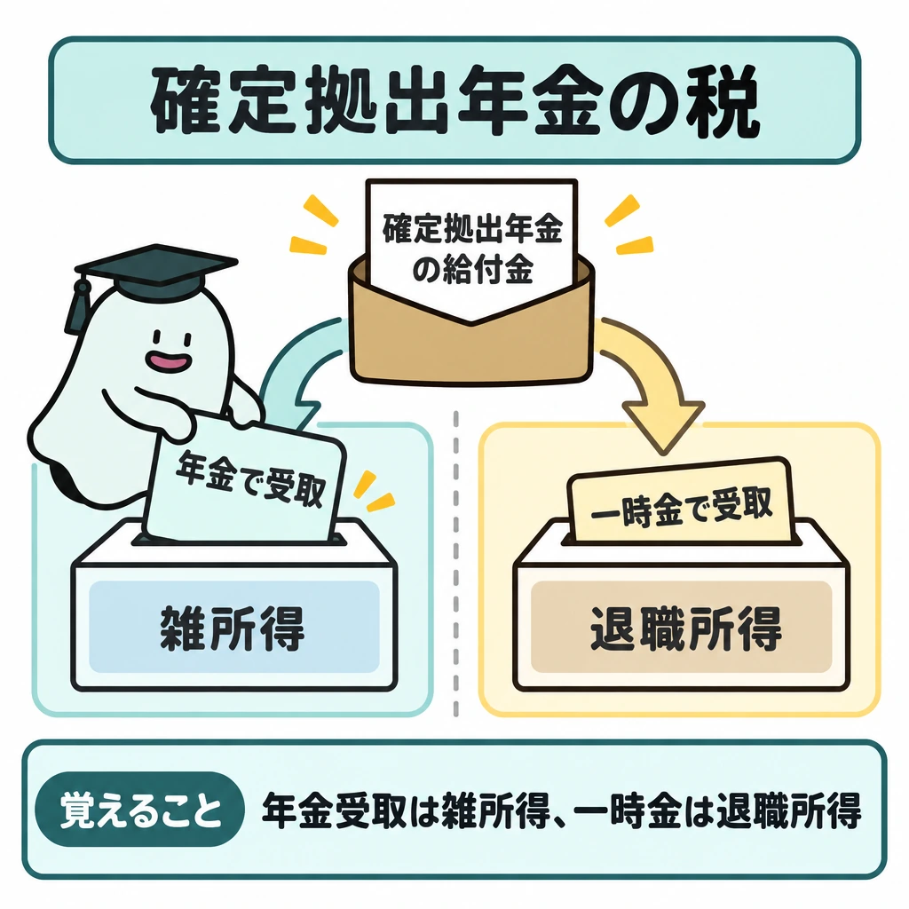年金制度と受取方法の図解。上部中央の確定拠出年金の給付金から矢印を左右に分け、縦の仕切りを挟んで左を「年金で受取→雑所得」、右を「一時金で受取→退職所得」と配置する。