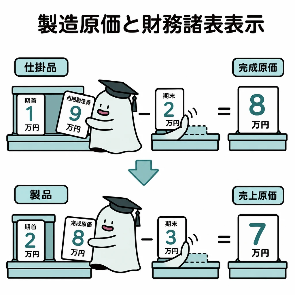 エルくんが説明する図解。仕掛1+製造9−仕掛2=完成8→製品2+8−製品3=売原7。