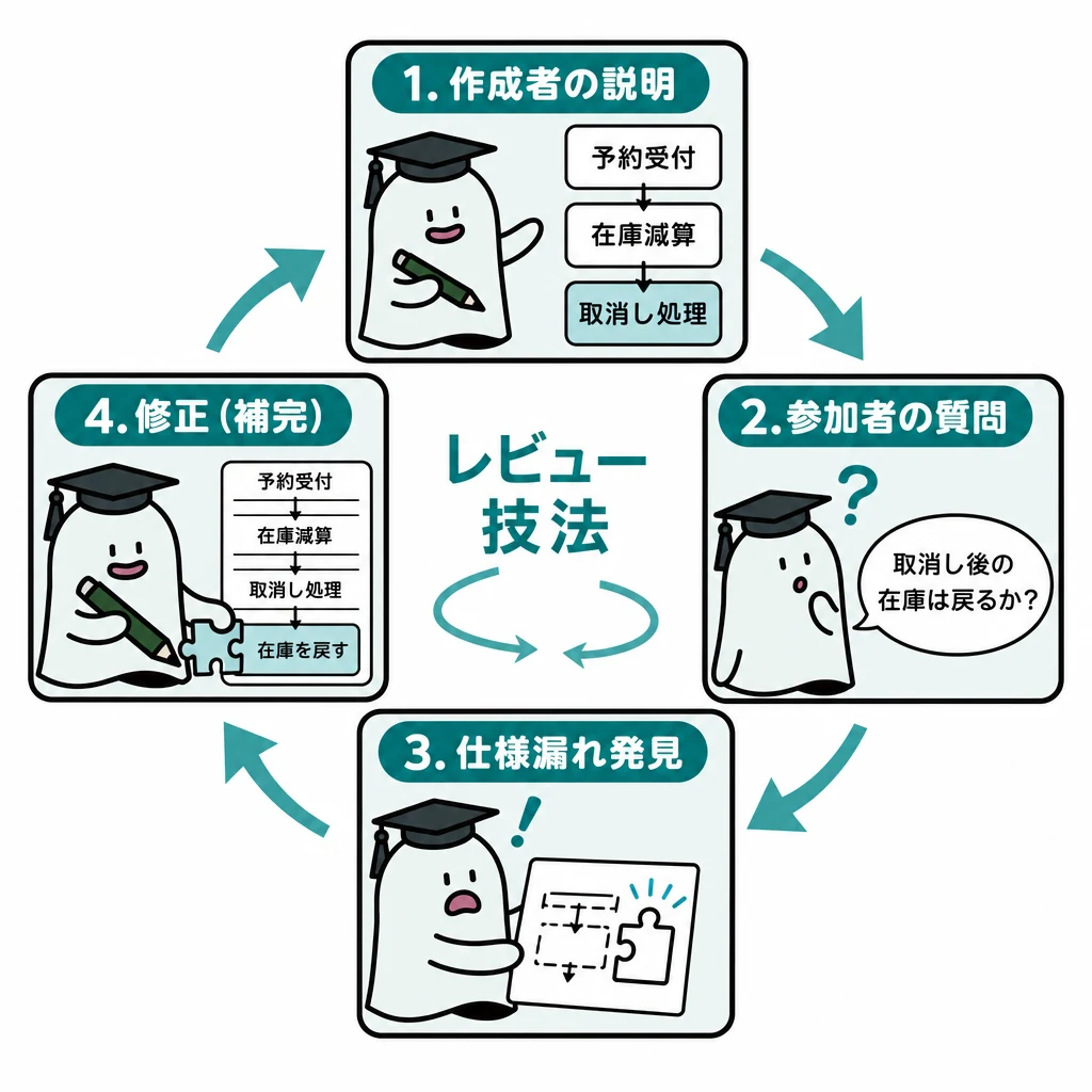 エルくんが説明する図解。作成者の説明→参加者の具体質問→仕様漏れ発見→修正の循環。