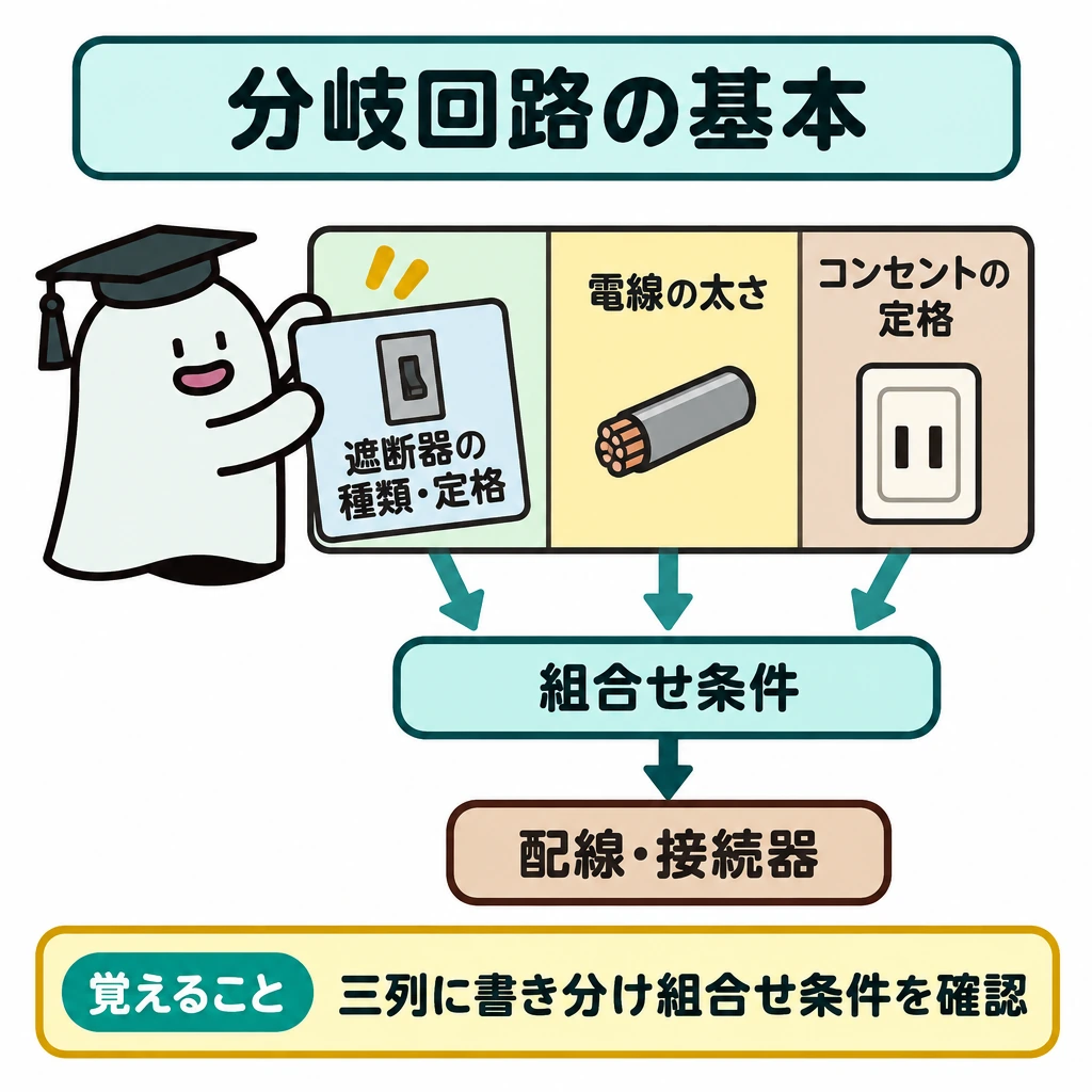 基本の仕組みの図解。中央に縦の仕切りがある三列の表を置き、左から遮断器の種類・定格、電線の太さ、コンセントの定格を書き分ける。三列から下向きの矢印を「組合せ条件」へ集め、過大な電流から配線・接続器を保護するための確認だと示す。