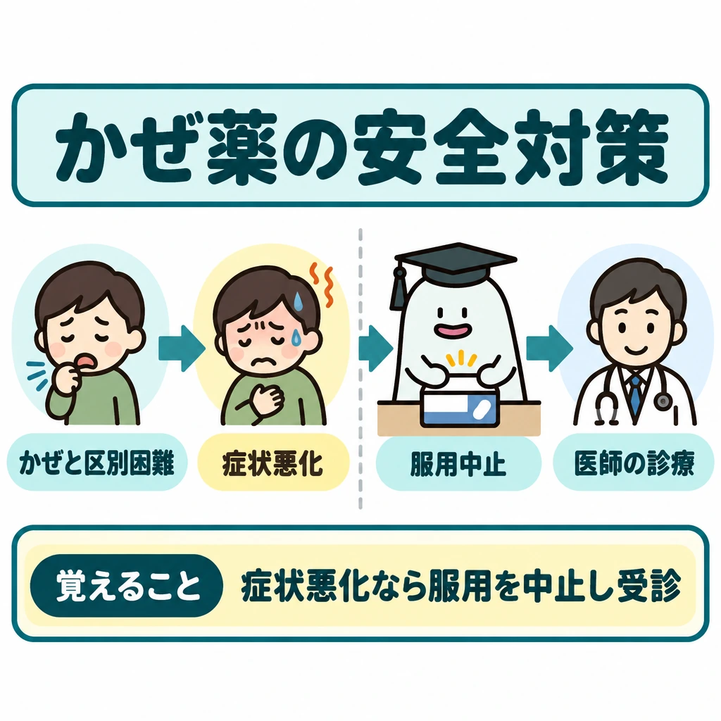 一般用医薬品の安全対策例の図解。左に「かぜと区別困難」な初期症状、中央に「症状悪化」を置き、右へ矢印を伸ばして「服用中止」→「医師の診療」の順に示す。中央と右の間には仕切りを入れ、症状悪化が対応を変える条件だと明確にする。